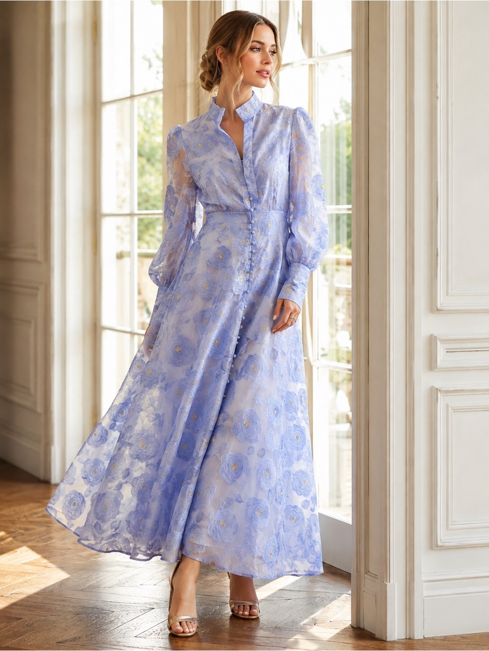 Dalia MacPhee Periwinkle Floral Jacquard Organza Maxi Dress D2256 NWT - Picture 3 of 16